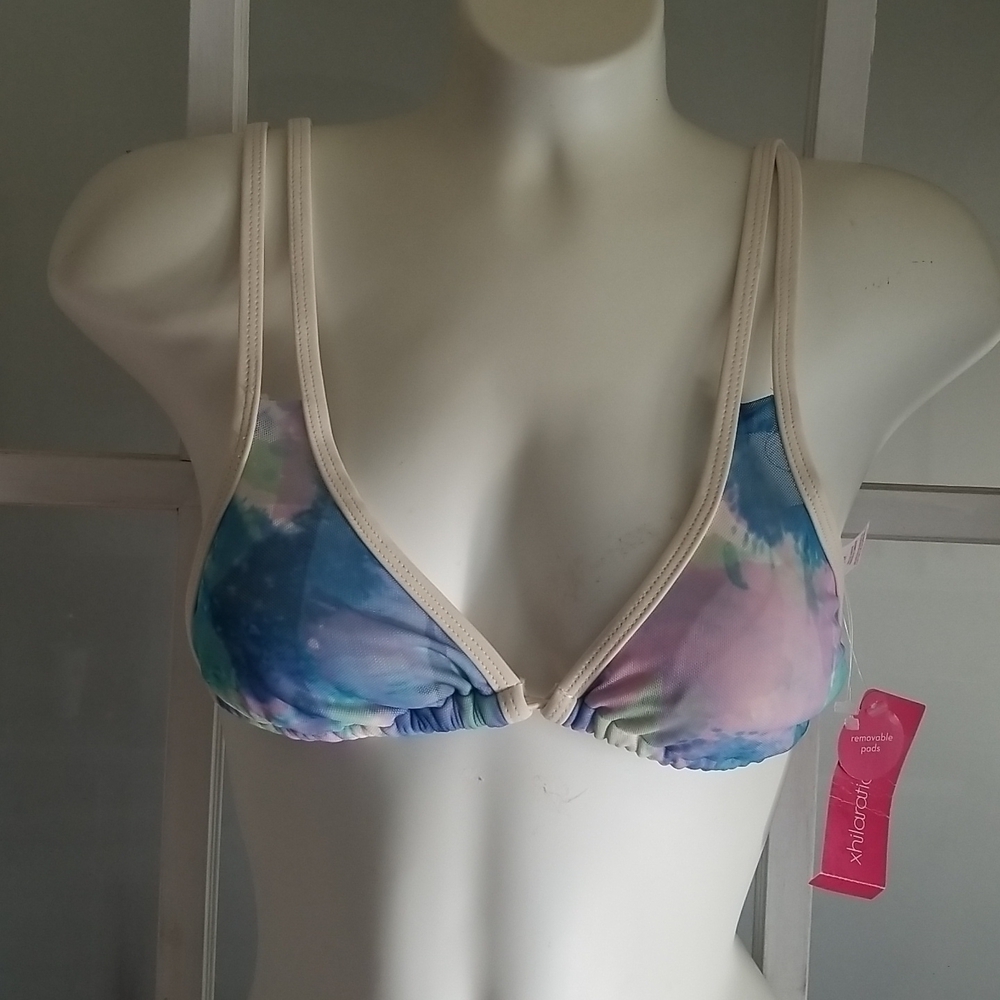 Xhilaration Bikini Top Watercolor Blue Cream Pattern